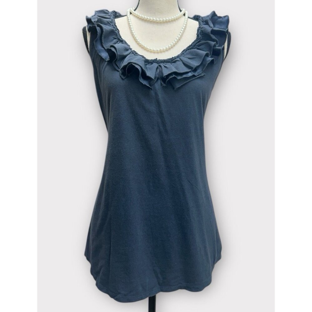 Old Navy Womans Top Sz XL Sleeveless Blue Ruffled Collar Modal‎ Blend Romantic